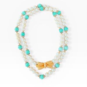 Mimi di N Gold plated Bow Pearl & Turquoise Bead Double Strand Necklace